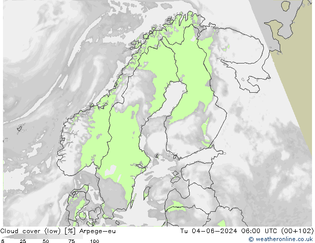 Cloud cover (low) Arpege-eu Tu 04.06.2024 06 UTC