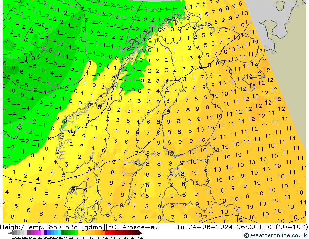 Height/Temp. 850 hPa Arpege-eu Tu 04.06.2024 06 UTC