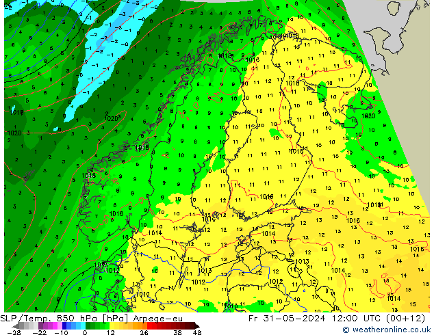 SLP/Temp. 850 hPa Arpege-eu Fr 31.05.2024 12 UTC