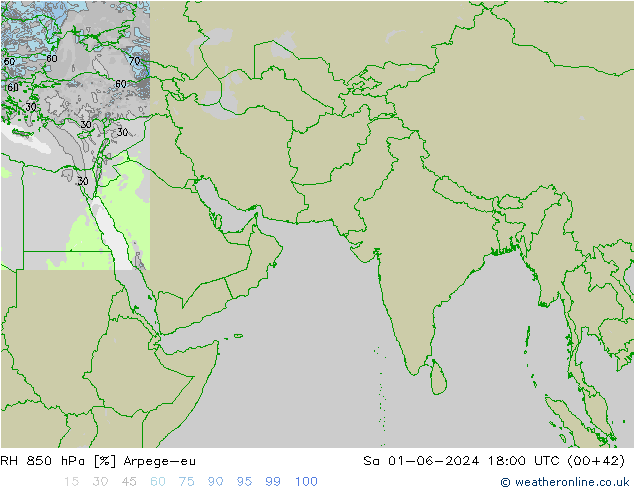 RH 850 hPa Arpege-eu sab 01.06.2024 18 UTC