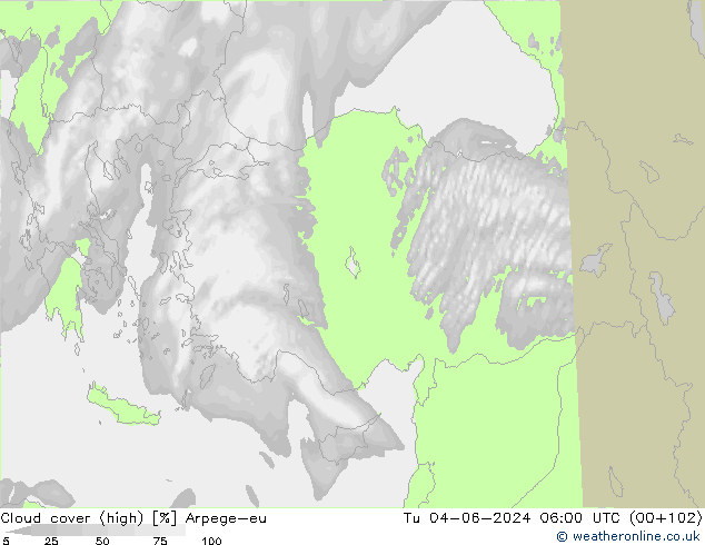 Cloud cover (high) Arpege-eu Tu 04.06.2024 06 UTC