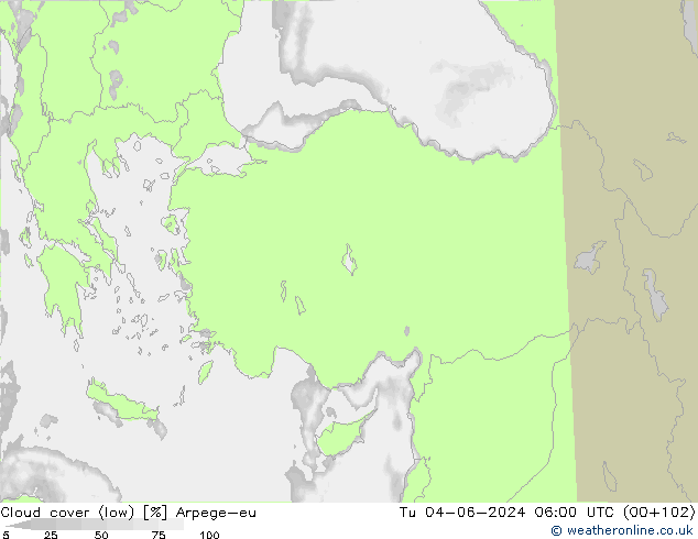 Cloud cover (low) Arpege-eu Tu 04.06.2024 06 UTC