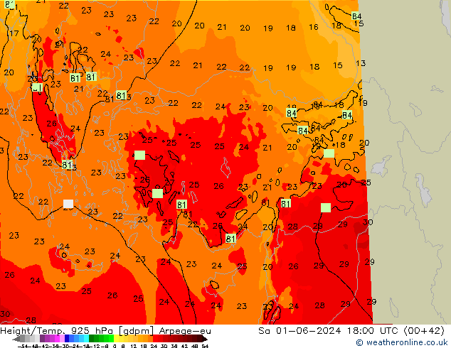 Yükseklik/Sıc. 925 hPa Arpege-eu Cts 01.06.2024 18 UTC