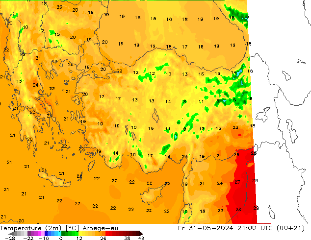 Temperatura (2m) Arpege-eu ven 31.05.2024 21 UTC