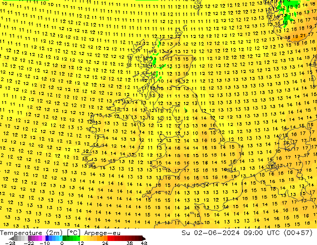 Sıcaklık Haritası (2m) Arpege-eu Paz 02.06.2024 09 UTC