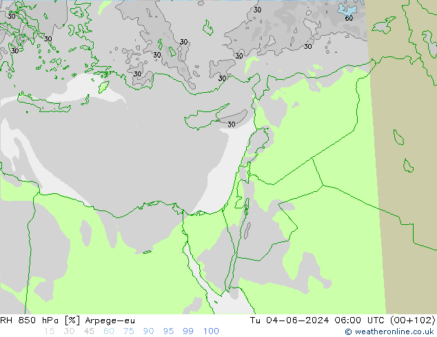 RH 850 гПа Arpege-eu вт 04.06.2024 06 UTC