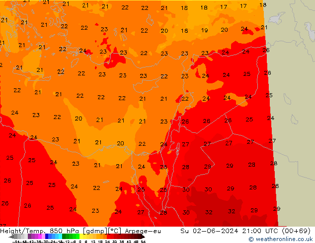 Height/Temp. 850 hPa Arpege-eu  02.06.2024 21 UTC