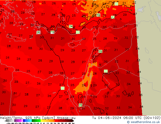 Yükseklik/Sıc. 925 hPa Arpege-eu Sa 04.06.2024 06 UTC