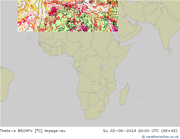 Theta-e 850hPa Arpege-eu zo 02.06.2024 00 UTC