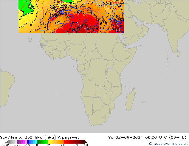 SLP/Temp. 850 hPa Arpege-eu Su 02.06.2024 06 UTC