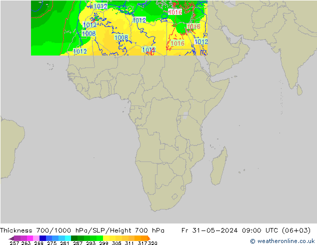 Thck 700-1000 hPa Arpege-eu Sex 31.05.2024 09 UTC