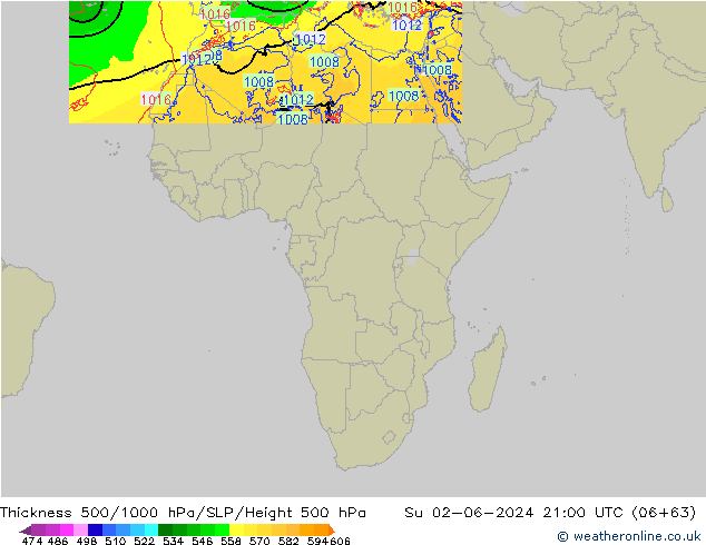 Espesor 500-1000 hPa Arpege-eu dom 02.06.2024 21 UTC