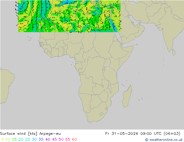 Vento 10 m Arpege-eu Sex 31.05.2024 09 UTC