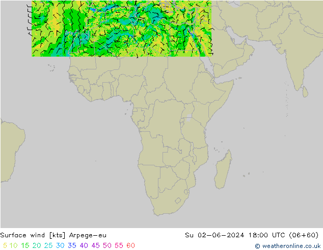 Rüzgar 10 m Arpege-eu Paz 02.06.2024 18 UTC