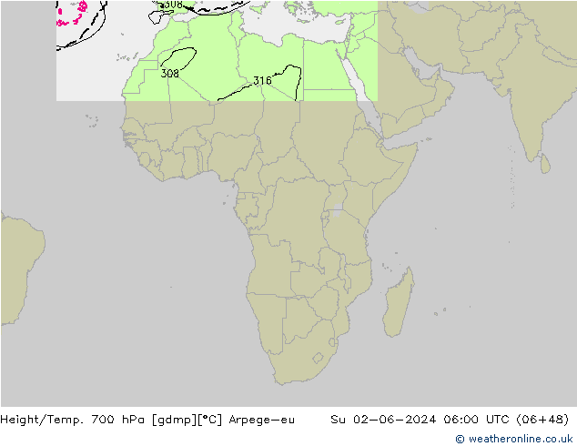 Height/Temp. 700 гПа Arpege-eu Вс 02.06.2024 06 UTC