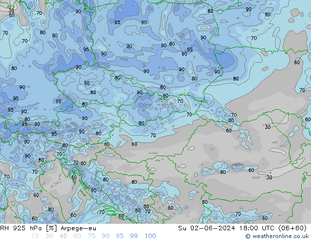 Humedad rel. 925hPa Arpege-eu dom 02.06.2024 18 UTC