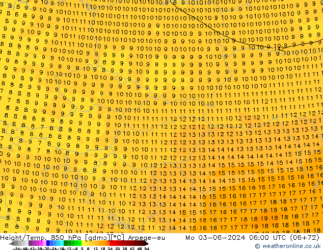 Height/Temp. 850 hPa Arpege-eu Mo 03.06.2024 06 UTC