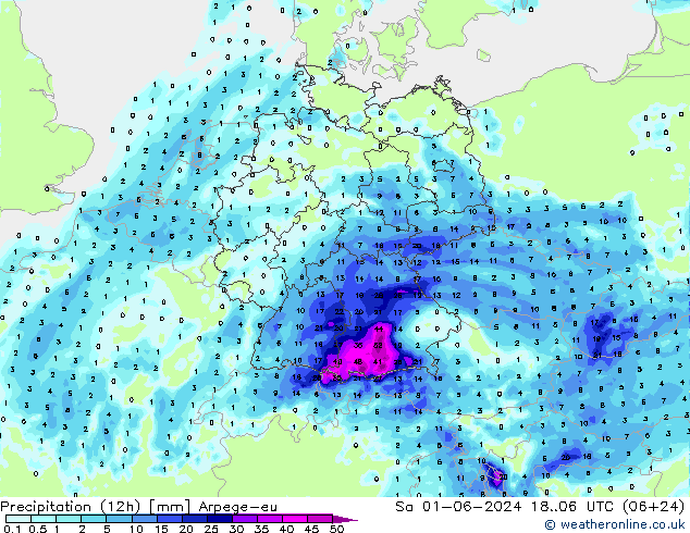Totale neerslag (12h) Arpege-eu za 01.06.2024 06 UTC