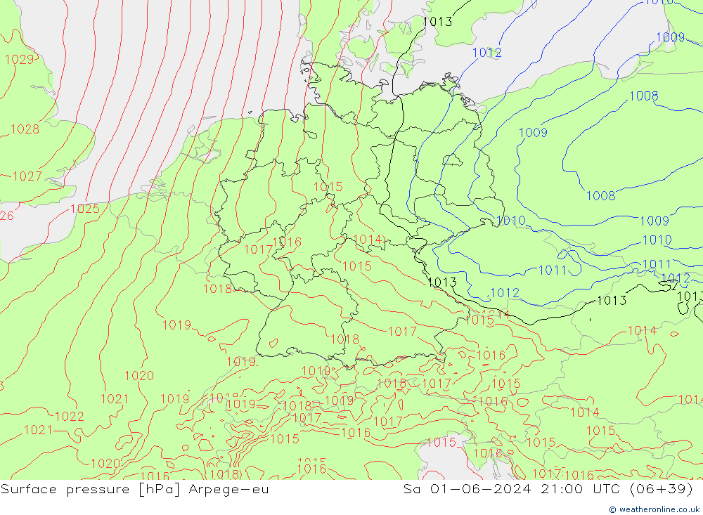 Atmosférický tlak Arpege-eu So 01.06.2024 21 UTC