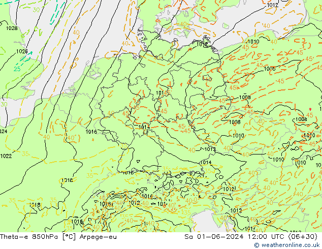 Theta-e 850гПа Arpege-eu сб 01.06.2024 12 UTC