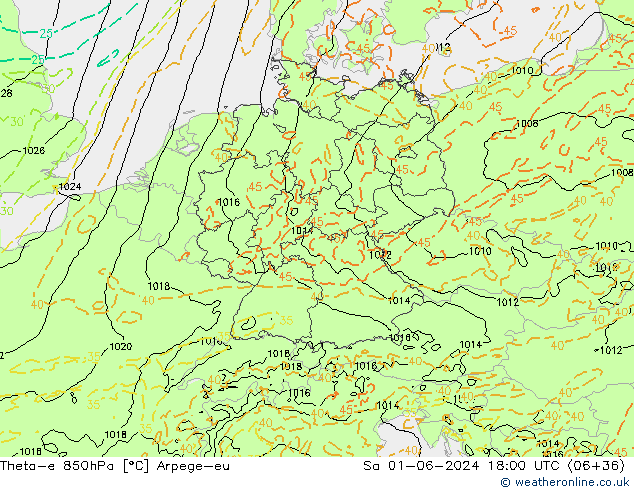 Theta-e 850hPa Arpege-eu sab 01.06.2024 18 UTC