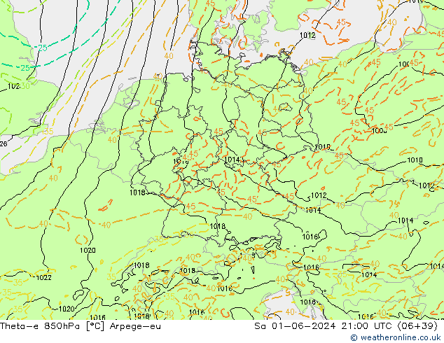 Theta-e 850hPa Arpege-eu za 01.06.2024 21 UTC