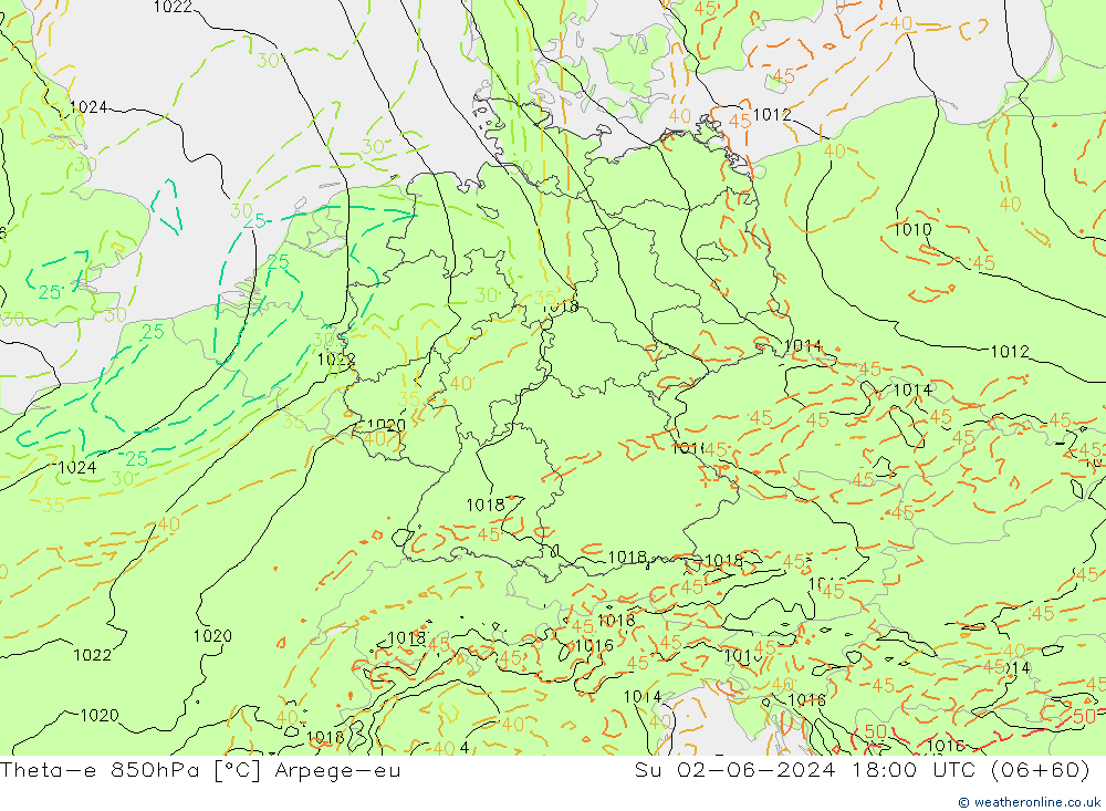 Theta-e 850hPa Arpege-eu Ne 02.06.2024 18 UTC