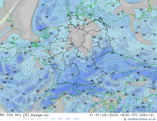 Humidité rel. 700 hPa Arpege-eu ven 31.05.2024 18 UTC