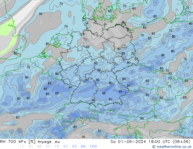 RH 700 hPa Arpege-eu Sáb 01.06.2024 18 UTC