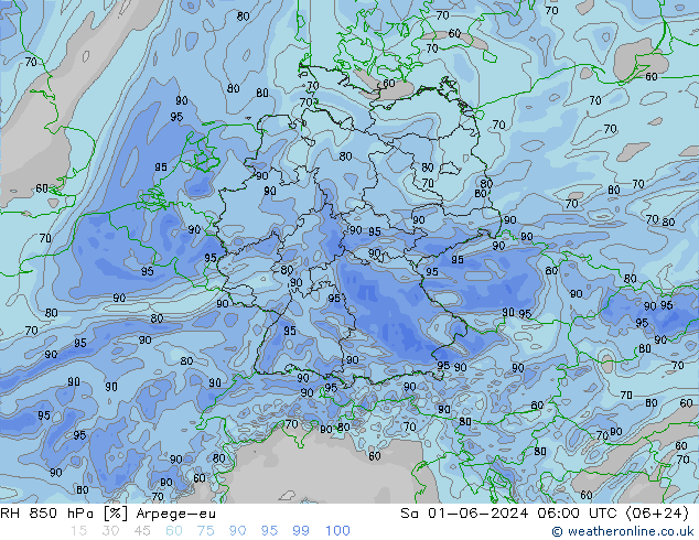 Humedad rel. 850hPa Arpege-eu sáb 01.06.2024 06 UTC