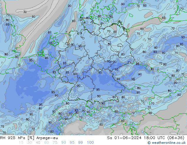 Humidité rel. 925 hPa Arpege-eu sam 01.06.2024 18 UTC