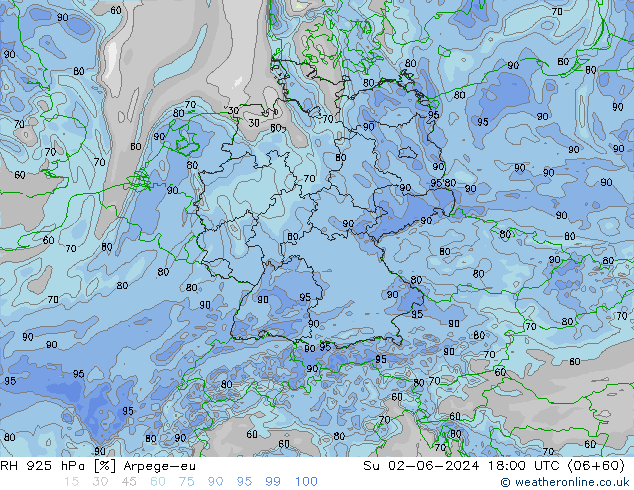 Humidité rel. 925 hPa Arpege-eu dim 02.06.2024 18 UTC