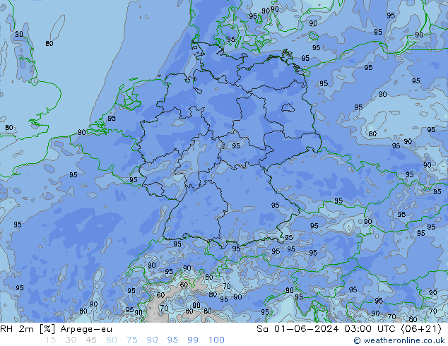 RH 2m Arpege-eu Sa 01.06.2024 03 UTC