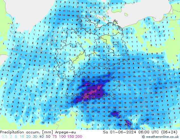 Totale neerslag Arpege-eu za 01.06.2024 06 UTC