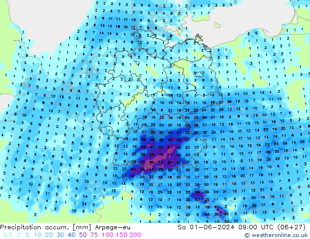 Precipitation accum. Arpege-eu Sa 01.06.2024 09 UTC