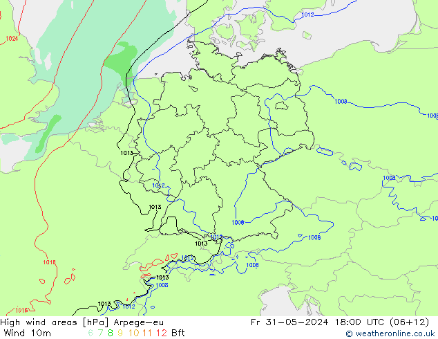 High wind areas Arpege-eu ven 31.05.2024 18 UTC
