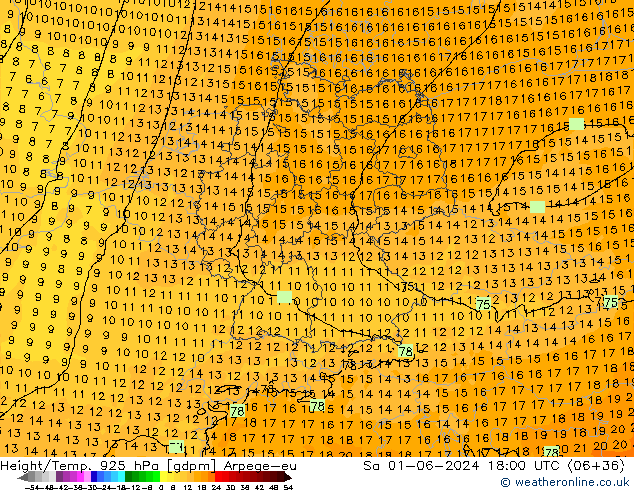 Height/Temp. 925 гПа Arpege-eu сб 01.06.2024 18 UTC