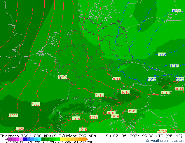 Thck 700-1000 hPa Arpege-eu Su 02.06.2024 00 UTC