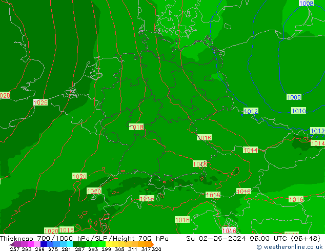 Schichtdicke 700-1000 hPa Arpege-eu So 02.06.2024 06 UTC