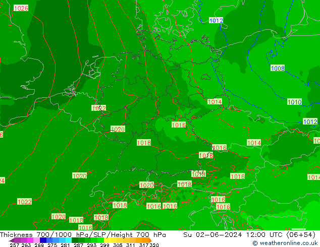 Thck 700-1000 гПа Arpege-eu Вс 02.06.2024 12 UTC