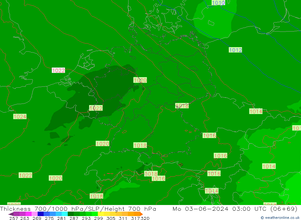 Thck 700-1000 hPa Arpege-eu lun 03.06.2024 03 UTC