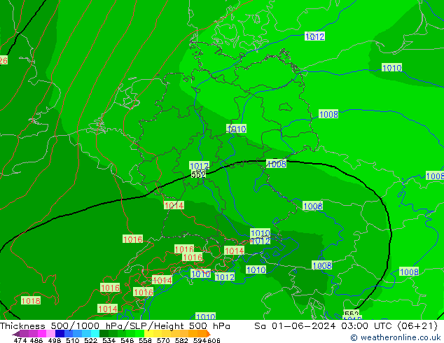 Dikte 500-1000hPa Arpege-eu za 01.06.2024 03 UTC