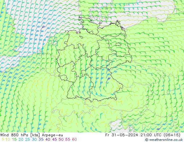 Vento 850 hPa Arpege-eu Sex 31.05.2024 21 UTC