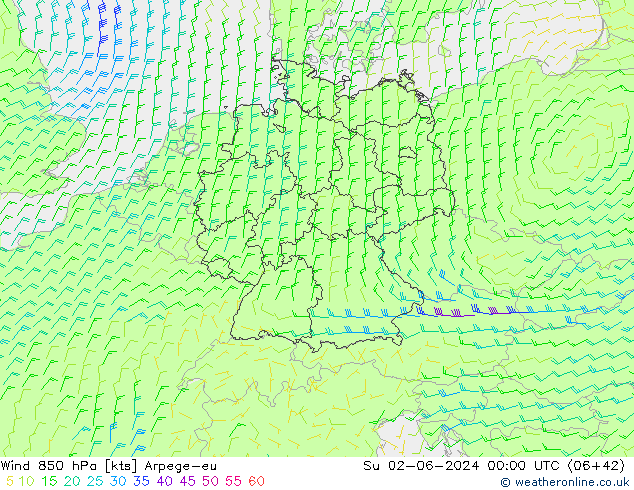 Viento 850 hPa Arpege-eu dom 02.06.2024 00 UTC