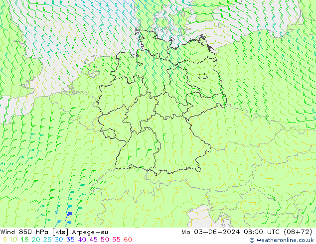 ветер 850 гПа Arpege-eu пн 03.06.2024 06 UTC