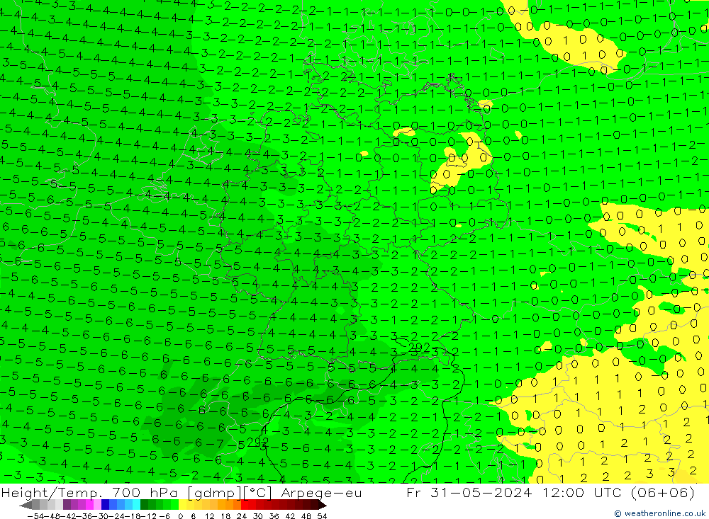 Height/Temp. 700 hPa Arpege-eu Pá 31.05.2024 12 UTC