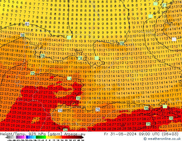 Height/Temp. 925 hPa Arpege-eu pt. 31.05.2024 09 UTC