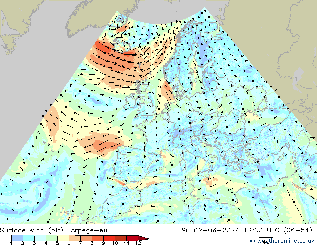 Vento 10 m (bft) Arpege-eu dom 02.06.2024 12 UTC