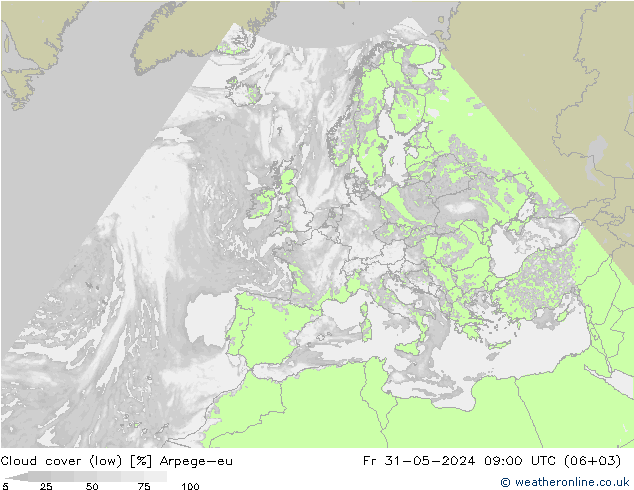 Cloud cover (low) Arpege-eu Fr 31.05.2024 09 UTC