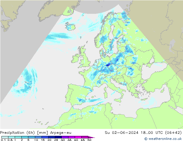 Yağış (6h) Arpege-eu Paz 02.06.2024 00 UTC